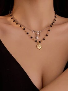 1 件欧美时尚心形吊坠串珠项链，电镀，奢华优雅，适合婚礼、宴会和日常佩戴 - 彩色 - 查看 7