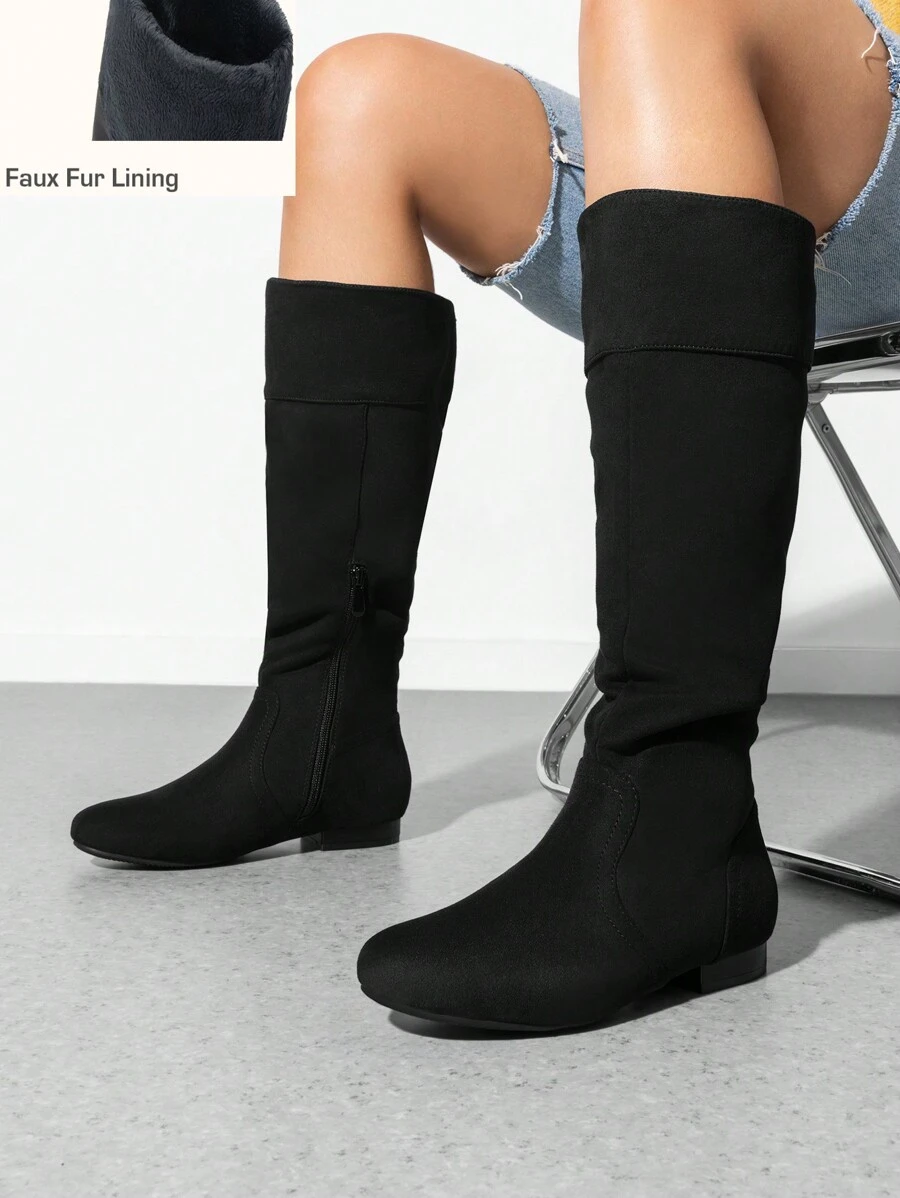 Women's Wide Calf Knee High Boots Fur Lined Pull On Side Zipper Classic Elegant Fall Weather Winter Boots - DA LỘN MÀU ĐEN - Xem 1