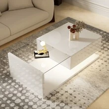 Coffee Table, High-Gloss Black. Side Tables, Coffee Tables With Glass And LED - White - View 8