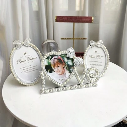1 件塑料银边水钻蝴蝶结珍珠椭圆形相框 6"X7"、5"X5" 心形相框，创意装饰展示架，适合情侣、儿童、家庭