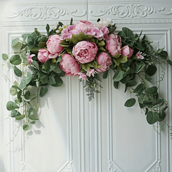 1 件 30 英寸优雅人造婚礼拱门花，带绿叶的人造牡丹花饰，门楣婚礼拱门花牡丹花饰，情人节礼物，情人节家居装饰，非常适合仪式、订婚和季节性庆典，求婚安排，婚礼装饰用品，花卉婚礼拱门花环适用于派对家庭花园前门墙壁装饰