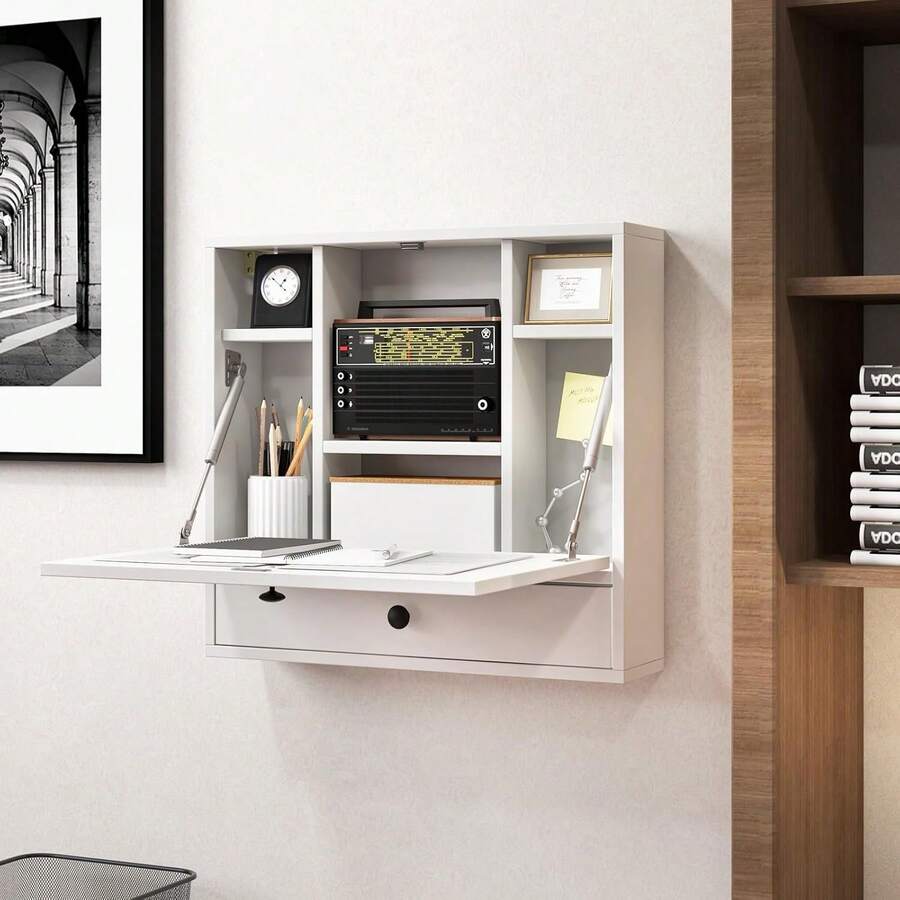 Folding Wall Desk, Wood Wall Mounted Desk With Storage Drawer And
