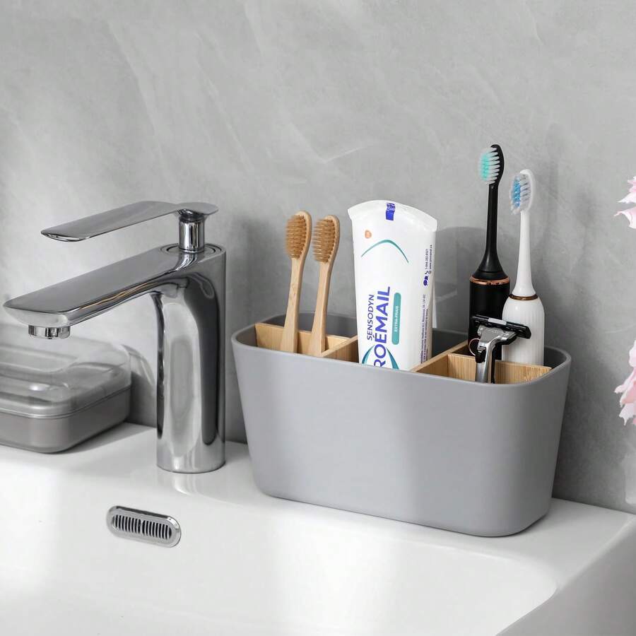 1pc Bathroom Toothbrush Holder, Bamboo Toothbrush Stand With 5 Slots
