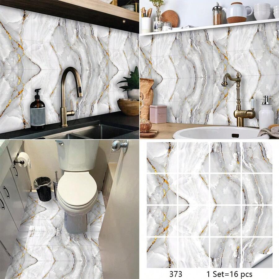 16 miếng dán gạch PVC họa tiết đá cẩm thạch tự dính, thích hợp cho trang trí nhà cửa, nhà bếp, phòng khách, tường và sàn phòng tắm, tự làm - Nhiều màu - Xem 1