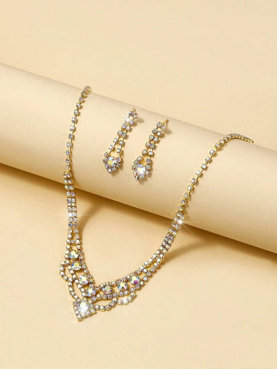 1 套波西米亚水钻装饰奢华高贵新娘派对新娘 3 件套套装' - 金黃色 - 查看 1