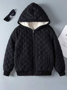 1pc Tween Boy Soft Thermal Lined Casual Outdoor Solid Color Hooded Jacket, Back To School, Winter