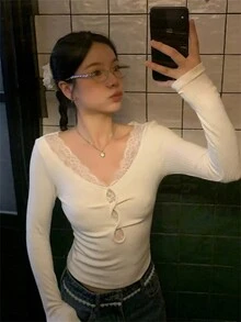 优质蕾丝细节修身长袖 T 恤，百搭新款汗衫设计 - 杏色 - 查看 5