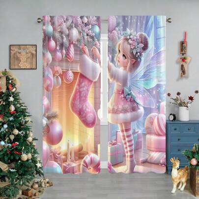 2 piezas Cortinas con temática navideña, cortinas con patrones de calcetines navideños de duendes y medias rosas - Cortinas filtradoras de luz con presillas para vara para elegancia en cocina, dormitorio y sala de estar - Vestimenta versátil para ventanas