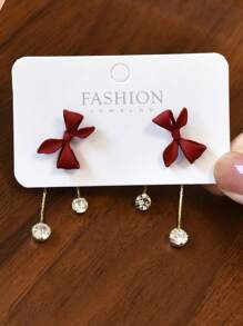 1 cặp tua rua nơ đỏ dài đính đá pha lê trang trí hoa tai thanh lịch, phong cách ngọt ngào cho bé gái ngày lễ tình nhân - Đỏ - Xem 2