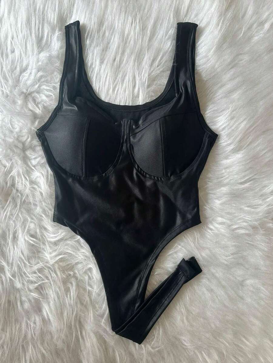 Bory Hollow Out Strappy Bodysuit With Padded Cup - màu đen - Xem 1