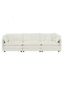 Mid-Century Modern Couch 3-Seater Sofa With 2 Armrest Pillows And 3 Toss Pillows, Couch For Living Room White Chenille,FurniHub
