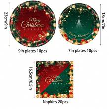Suprimentos para Festa de Natal, Pratos e Guardanapos de Papel Vermelho e Verde de Feliz Natal, Decoração Rústica de Festa Feriado de Inverno, Série Xmas Descartável Utensílios de Mesa Pratos de Papel Conjunto de Lenços de Papel à