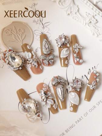 10pcs Press On Nails Heavy Industry Autumn Light Coffee Color Hand Drawn Flowers Explosive Flash Diamond Purple Luxurious Full Diamond Pure Handmade Production Nails Long Nails Press On Nails Set Includes 1sheet Adhesive Tabs &1 Pc Mini File