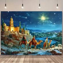 Tela de fondo de Feliz Navidad - Escena de nacimiento y ovejas de dibujos animados, poliéster, adecuada para sala de estar, decoración al aire libre, transmisión en vivo, photobooth - No se requiere energía