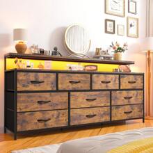 EnHomee 55" W Dresser For Bedroom With 10 Drawers, Long Dresser With LED Lights & Power Outlets, Rustic Brown, Christmas Decor, Room Decor, Home Decor, Rustic Brown - 查看 1