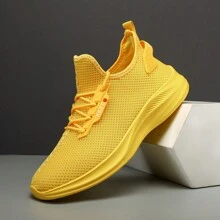 Solid Color Casual Spring Autumn Breathable Flat Sports Running Shoes For Men, Popular Plus Size Fashion Mesh Walking Sneakers Suitable For Daily Wear - Yellow - View 3