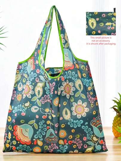 大容量时尚印花购物袋便携式，时尚印花袋大号涤纶折叠袋旅行袋，单肩包，大容量购物袋，可折叠可重复使用袋