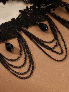 1 chiếc vòng cổ choker đính hạt tua rua ren phong cách Gothic, Quà tặng cho phụ nữ Goth, Quà tặng cho mẹ - màu đen - Xem 6