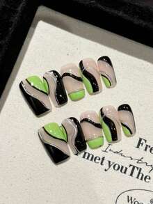 Bộ 10 miếng dán móng nghệ thuật hình thang ngắn với họa tiết đường kẻ hình học tối giản màu xanh neon và vàng, đồ trang trí móng tay thủ công chất lượng cao để sử dụng hàng ngày - Nhiều màu - Xem 2