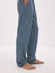 男士休闲格子裤，带侧袋，宽松家居裤，舒适家居和瑜伽裤（不含上衣） - 藍白色 - 查看 5