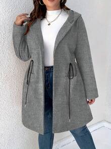 Plus Size Women Fashion Solid Color Drawstring Hooded Coat - Light Grey - View 3