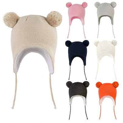 Schattige babymuts met pompons, warme gebreide muts met oorkleppen voor jongens en meisjes, peuters en kinderen, thermisch gevoerde muts