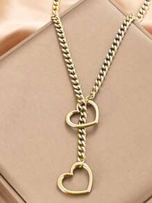 1pc Valentine's Day Punk Style Hollow Heart Chain Necklace, Alloy Gold-Tone Jewelry Gift Suitable For Casual, Party Wear Valentines