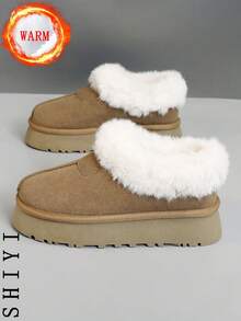 女士白色休闲鞋、运动鞋、2024冬季新款加绒保暖、户外厚底增高、时尚百搭度假风、学生户外徒步滑板鞋、平底厚底运动鞋、雪地靴、女鞋 - 卡其色 - 查看 4