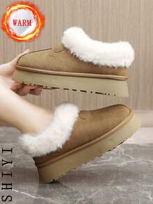 女士白色休闲鞋、运动鞋、2024冬季新款加绒保暖、户外厚底增高、时尚百搭度假风、学生户外徒步滑板鞋、平底厚底运动鞋、雪地靴、女鞋 - 卡其色 - 查看 9