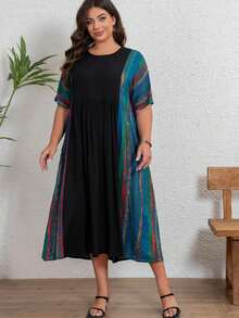 上衣波西米亚风夏季假圆领露肩袖条纹配色宽松摆短袖连衣裙，大码休闲度假沙滩裙， - 黑色 - 查看 8