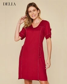 DELLA Elegant V-Neck Solid Color Buttons Midi Dress - Đỏ - Xem 2