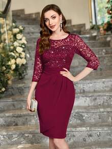 MIUSOL Sequin Floral Lace Round Neck Bodycon Semi-Formal Party Pencil Skirt - Red - View 4