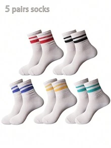 5 双女士条纹肤色中筒袜，时尚百搭，适合所有季节 - 彩色 - 查看 1