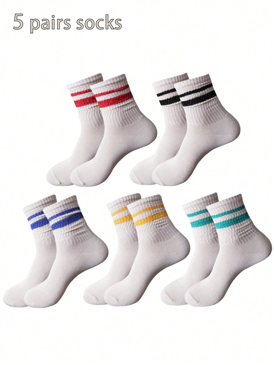 5 双女士条纹肤色中筒袜，时尚百搭，适合所有季节 - 彩色 - 查看 1