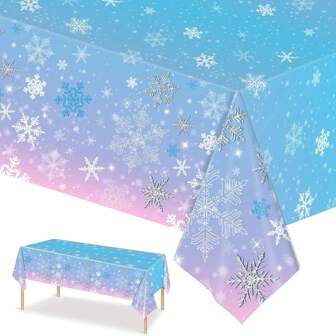 130cm*220cm Blue & Pink Snowflake Winter Wonderland Christmas Disposable Table Cloth, New Year Party Decorations, Winter Seasonal,Snowman Party Game,Winter Wonderland Wedding,High Chair Banner One Snowflake