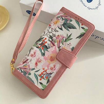 Summer Spring 1pc Flower Print Card Slot Wallet Phone Case Cover Compatible With S24/S22/S23 Ultra/S20FE, Women Waterproof Shockproof Anti-Fall Scratch Resistant