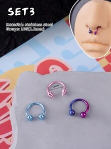 3Pcs Y2k Style Colorful Nose Ring Horseshoe Nose Hoops Earring 16g Stainless Steel Septum Jewelry Nose Ring Lip Ring Hinged Septum Hoops Piercing Jewelry, Septum Clicker Ring, Hoop Nose Ring For Septum, Helix, Rook, Tragus, Daith, Cartilage Earring For Women Men Halloween Piercing Body Jewelry For Party Dates Daily Wear