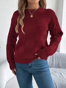 Solid Color Plaid Crew Neck Casual Long Sleeve Pullover Sweater For Women, Autumn/Winter - Burgundy - View 3