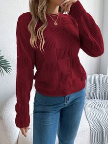 Solid Color Plaid Crew Neck Casual Long Sleeve Pullover Sweater For Women, Autumn/Winter - Burgundy - View 6