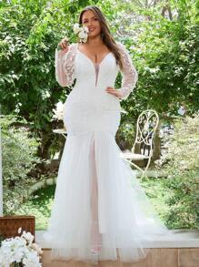 Plus Wedding Dress Floral Mesh Formal Gowns Long Sleeve,Bride - White - View 1