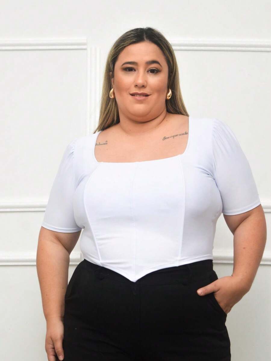 Plus Size Suplex Short Sleeve Cropped Blouse - 白色 - 查看 1