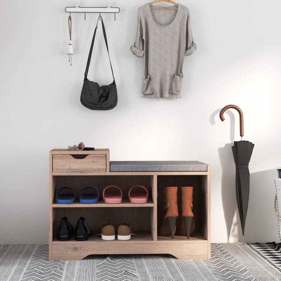 HOMCOM Shoe Storage Bench, Shoe Rack Bench With Seating Cushion, Drawer, 3 Open Compartments And Table Top For Entryway, Hallway - Grey - View 1