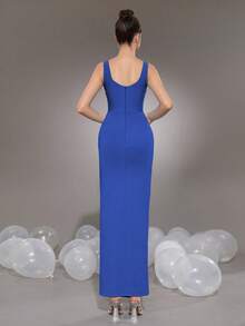 Modphy Ärmeloses Strass-besetztes Bandage-Maxikleid, figurbetonter Abendanzug, elegantes gerafftes Schlitz-Abendkleid für Hochzeit, Brautjungfer, Party, Events