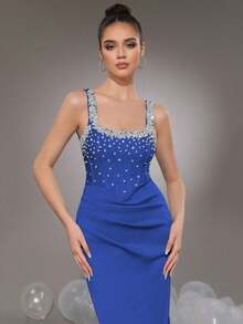 Modphy Ärmeloses Strass-besetztes Bandage-Maxikleid, figurbetonter Abendanzug, elegantes gerafftes Schlitz-Abendkleid für Hochzeit, Brautjungfer, Party, Events