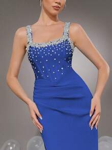 Modphy Ärmeloses Strass-besetztes Bandage-Maxikleid, figurbetonter Abendanzug, elegantes gerafftes Schlitz-Abendkleid für Hochzeit, Brautjungfer, Party, Events