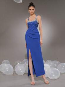 Modphy Ärmeloses Strass-besetztes Bandage-Maxikleid, figurbetonter Abendanzug, elegantes gerafftes Schlitz-Abendkleid für Hochzeit, Brautjungfer, Party, Events