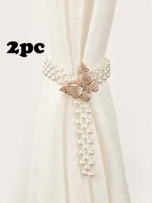 1 pieza/2 piezas de borlas de cortina con perlas y forma de mariposa con incrustaciones de strass con banda elástica como regalo para cumpleaños o graduación - Blanco - Ver 9