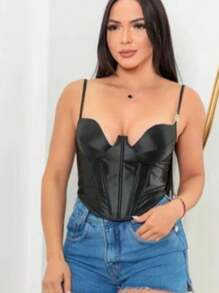 Kathelin Satin Corset With Underwire Cup And Silicone Effect Neckline For Foreign Fashion Night Party Blogger - 黑色 - 查看 3