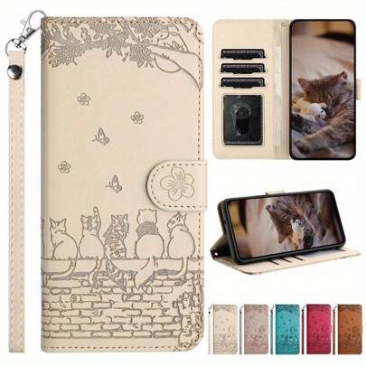 Luxury Wallet Cute Cat Embossed Pattern With Card Slot Photo Frame Kickstand Function Magnetism Flip PU Artificial Leather Case Compatible With Samsung Galaxy Compatible With Xiaomi Redmi Note 13 Pro Plus 12S 11 M6 F5 X6 X5 C65 K60 14T 15C 14C, Pixel 9 Pro XL 8A