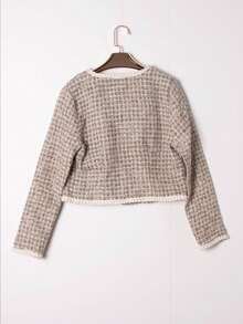 Women's Autumn/Winter New High-End French Plaid Patchwork Ribbon Short Wool Blend Jacket - Light Grey - View 3